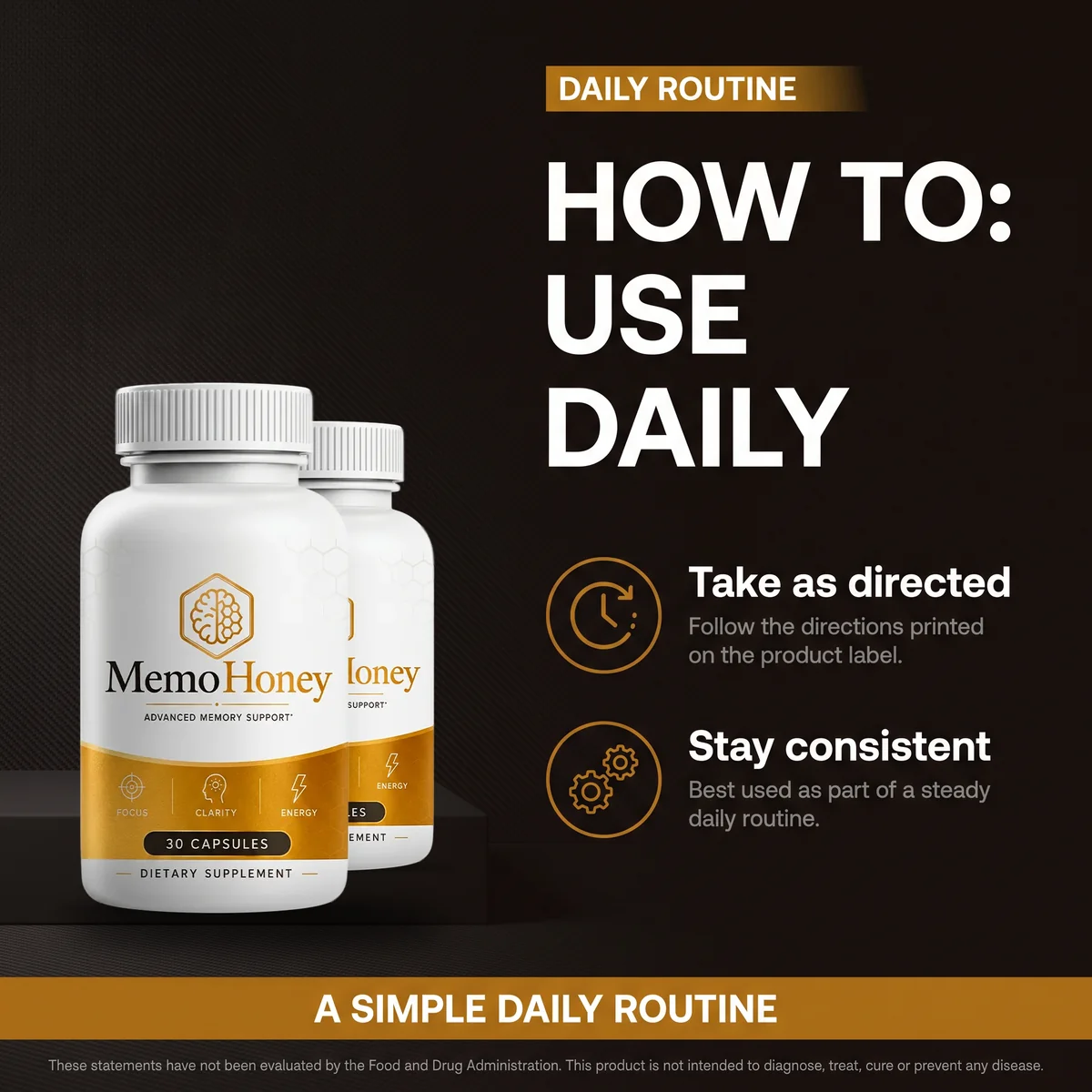 MemoHoney how-to-use card: take as directed and stay consistent, with two bottles shown against a dark ground