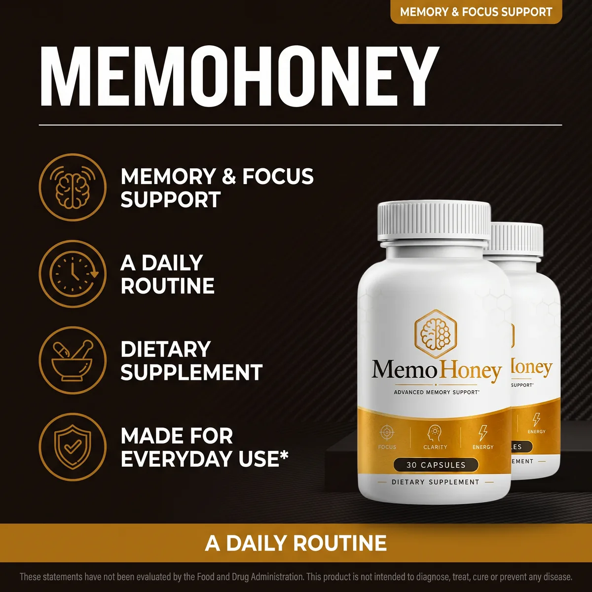 MemoHoney memory and focus support listing card, showing a daily routine and a dietary supplement made for everyday use