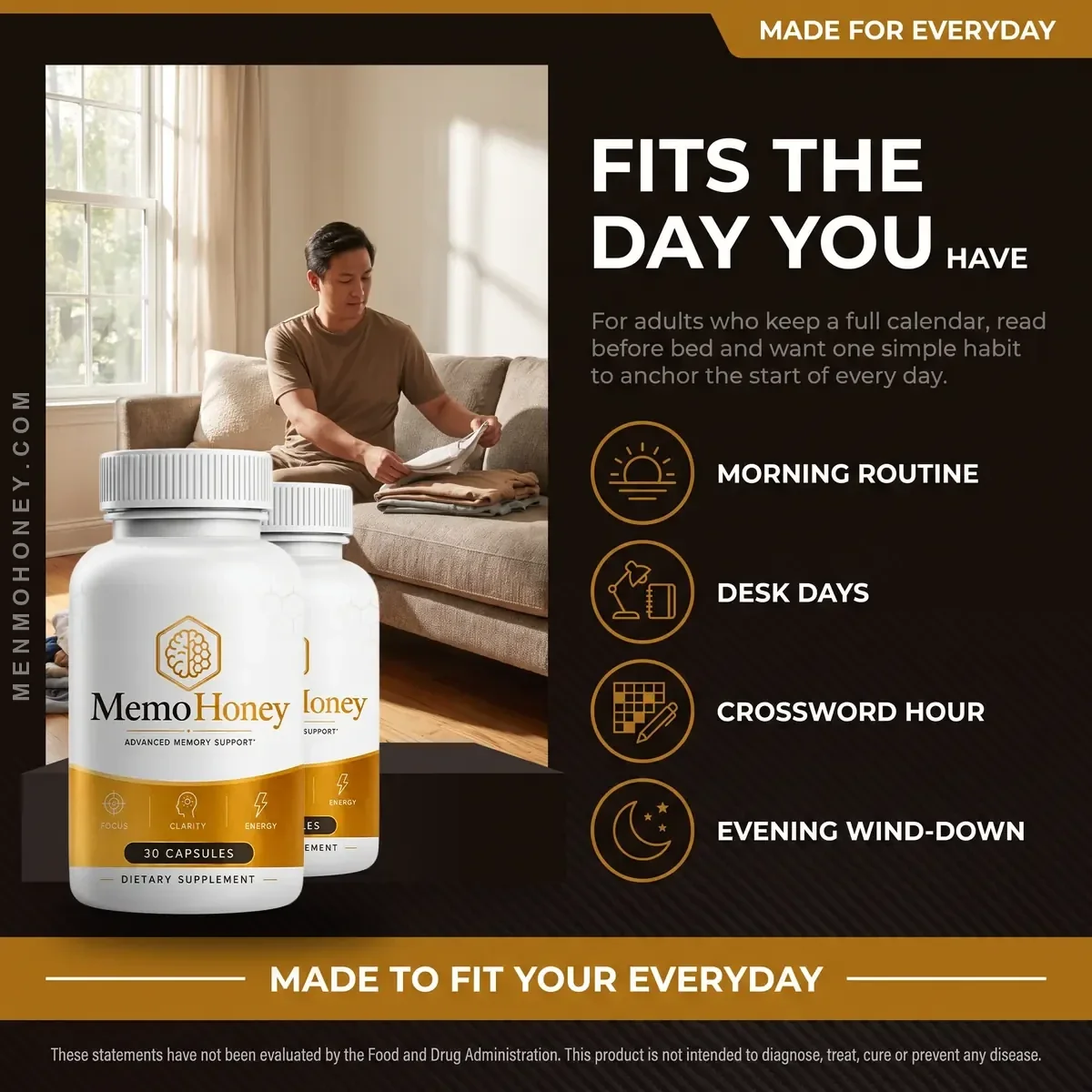 MemoHoney lifestyle card: an adult folding laundry at home, with the bottle in the foreground and four everyday occasions listed beside it