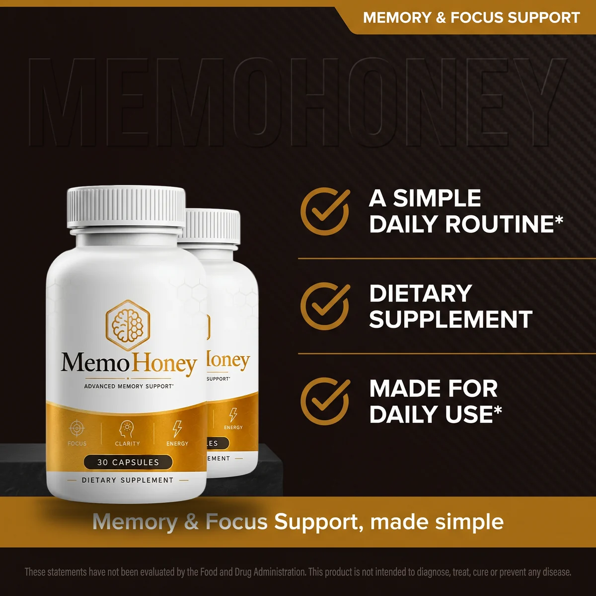 The MemoHoney listing card: a simple daily routine, dietary supplement, made for daily use